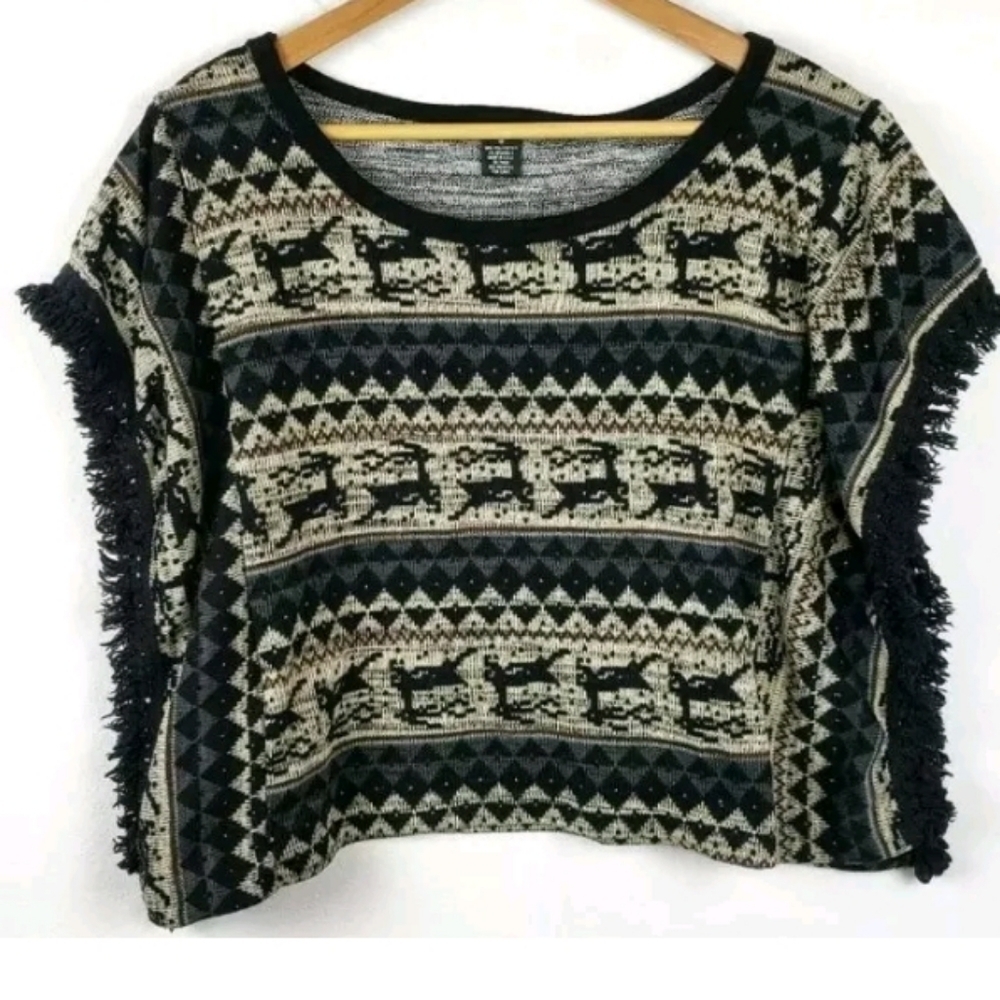 Rue 21 Crop Sweater Frienge Deer print Boho Tops S